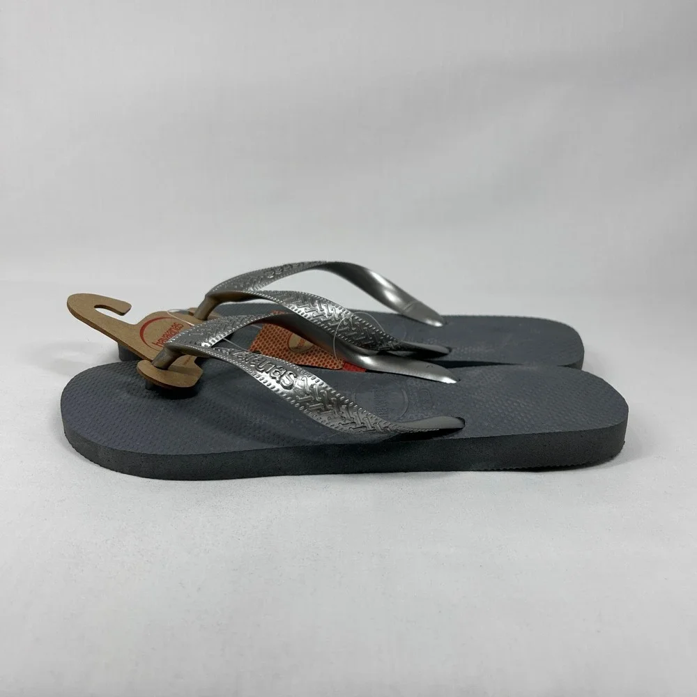 Havaianas Metallic Silver Grey Flip Flops NWT Logo Rubber Sandals USA 9/10W